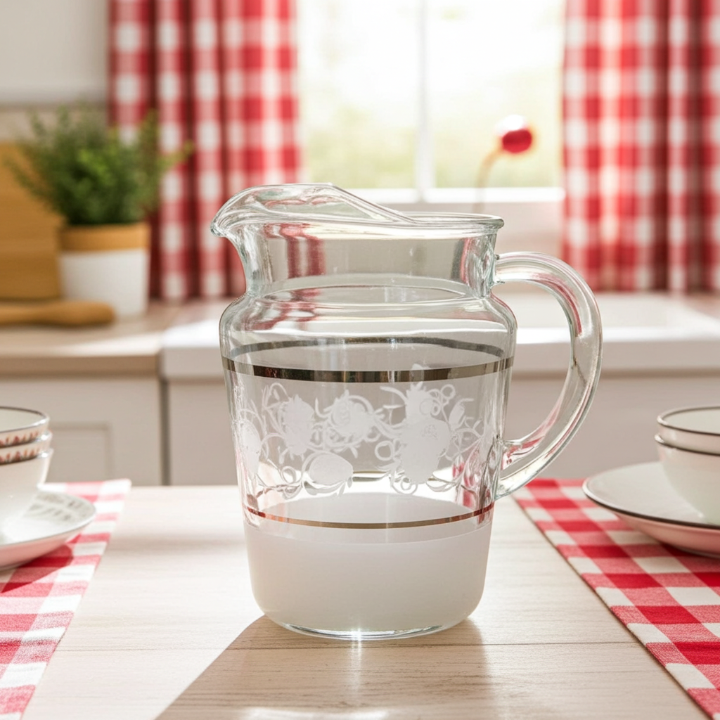 Clear glass pitcher with floral etching on a table with a red and white checkered tablecloth.