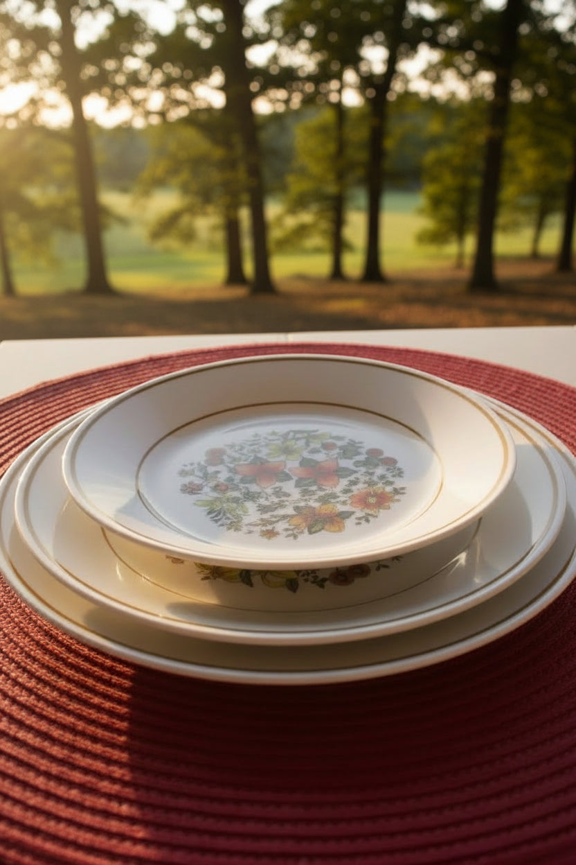 Set of plates with floral design on a red woven placemat