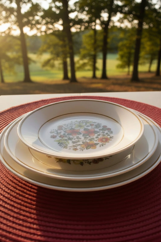 Set of plates with floral design on a red woven placemat