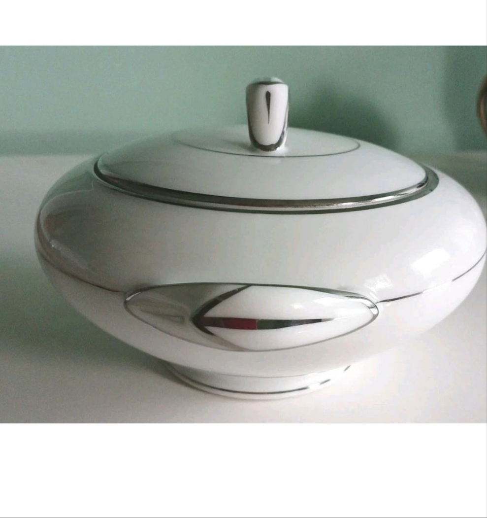 Silver lidded sugar bowl with geometric design on a light green background