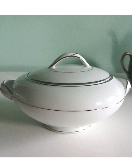 White ceramic sugar bowl with a lid on a light green background