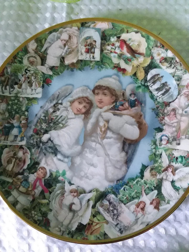 Decorative plate with vintage-style illustration of children and winter scenes.