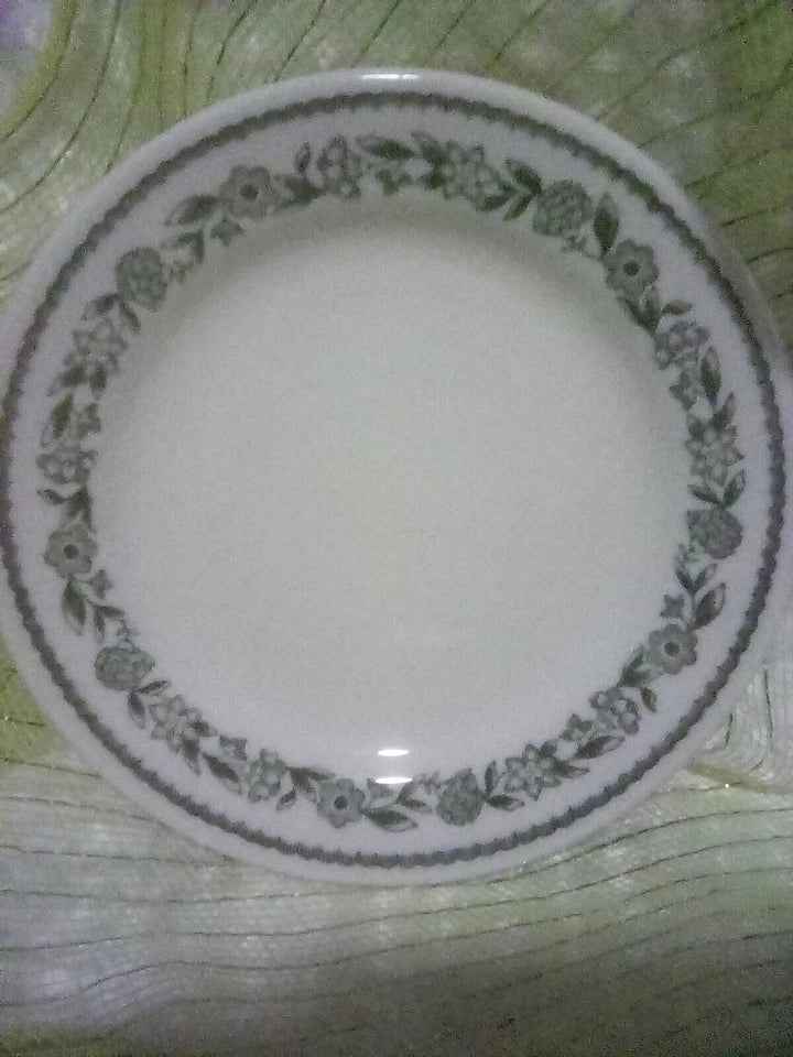 White ceramic plate with floral pattern on a green surface