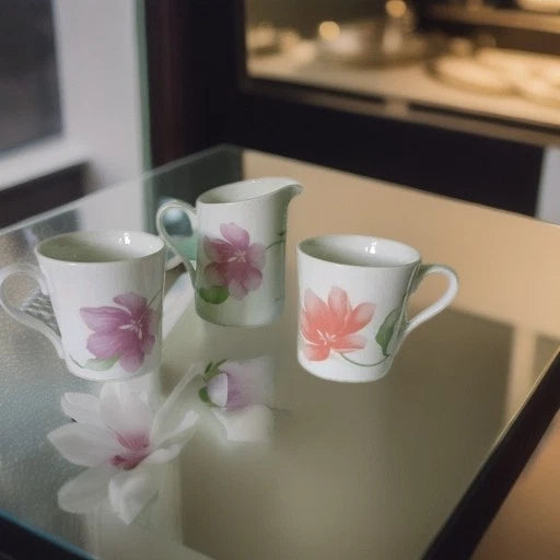 Two ceramic cups and a small pitcher with floral designs on a reflective surface.