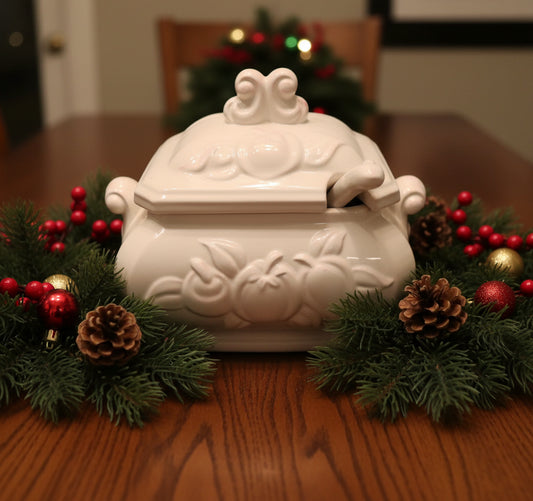 White ceramic jar with lid on a glass shelf