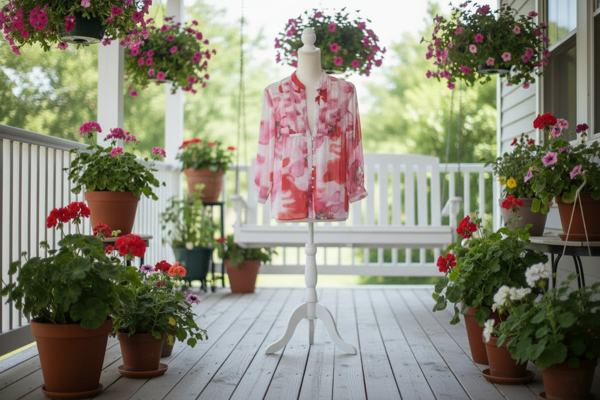 Floral patterned cardigan on a pooch background with swing and flowers