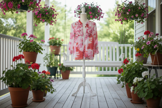 Floral patterned cardigan on a pooch background with swing and flowers