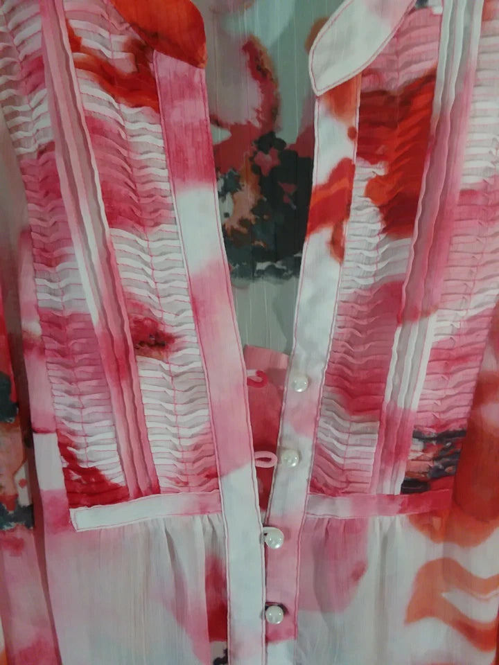 Close-up of a pink and white floral patterned garment with blurred background