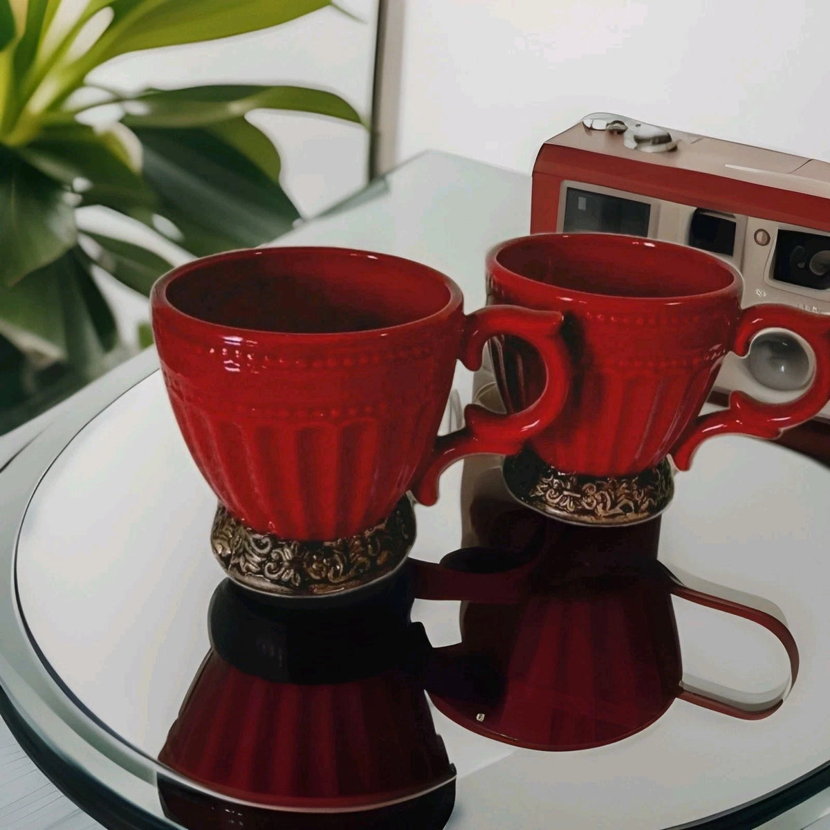 Two red mugs with decorative bases on a reflective surface, with a plant and vintage camera in the background.