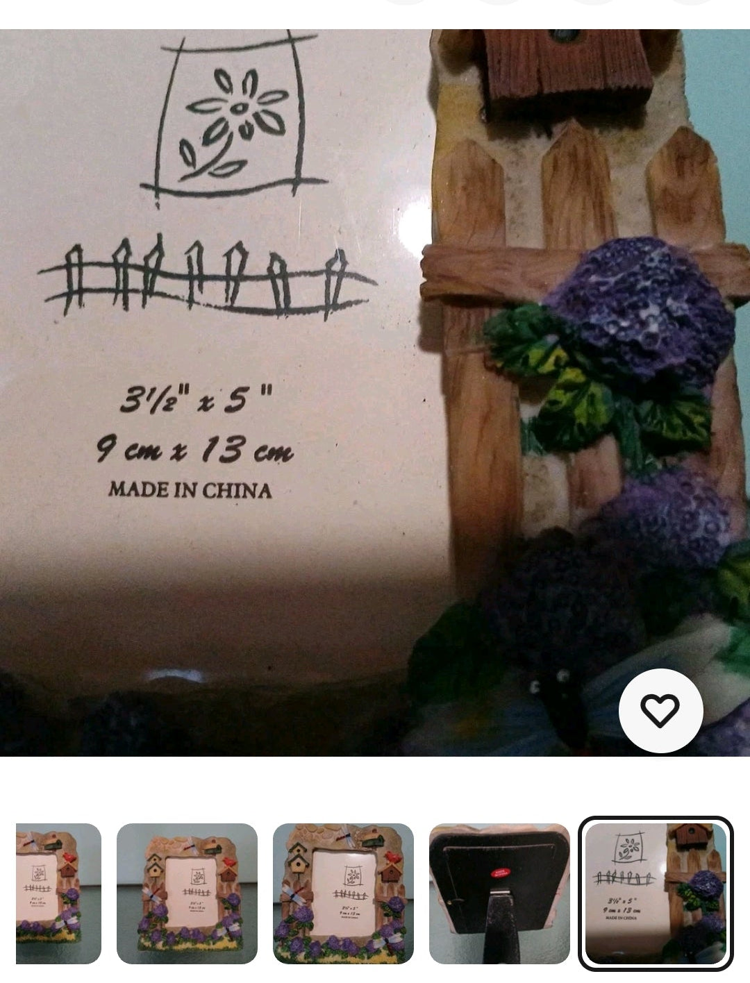 Product listing for themed picture frame bird houses and flower gardeners with measurements and branding details.