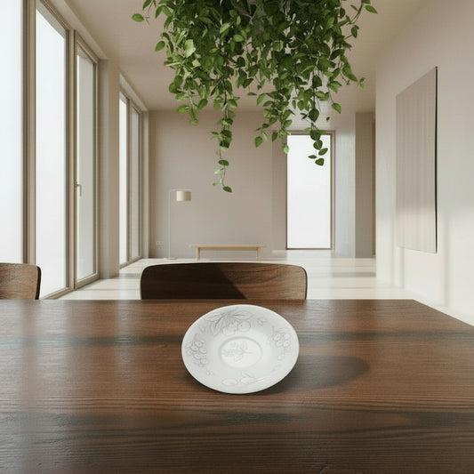  white saucer with fruit designs  on dark table with hanging plant 