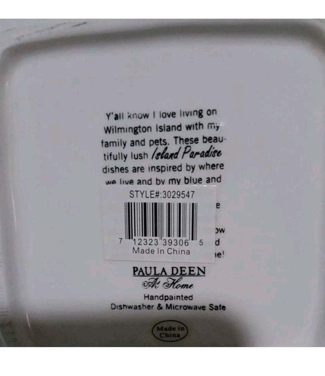 Back of a dish with Paula Deen branding and text