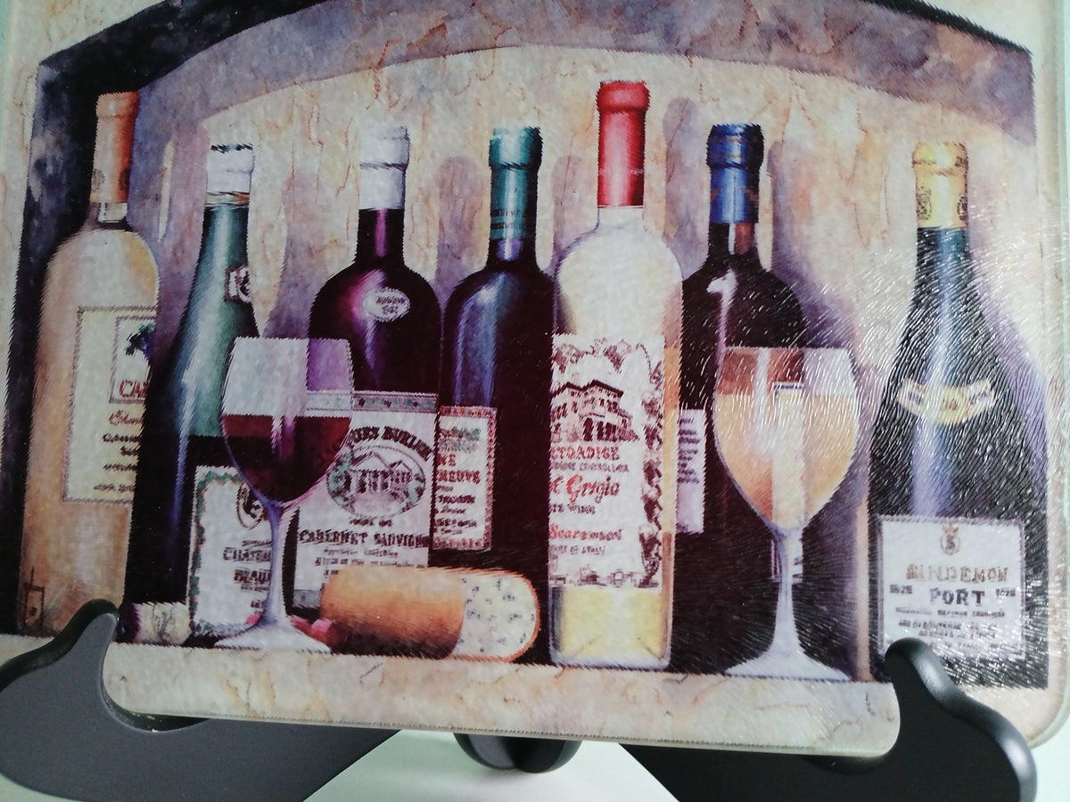 Decorative mat with wine bottle design on a textured surface
