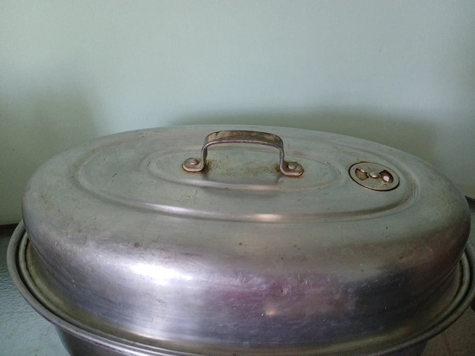 Metallic pot with lid on a light green background