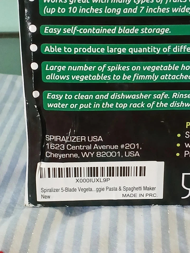 Back of a spiralizer packaging with text and branding details.