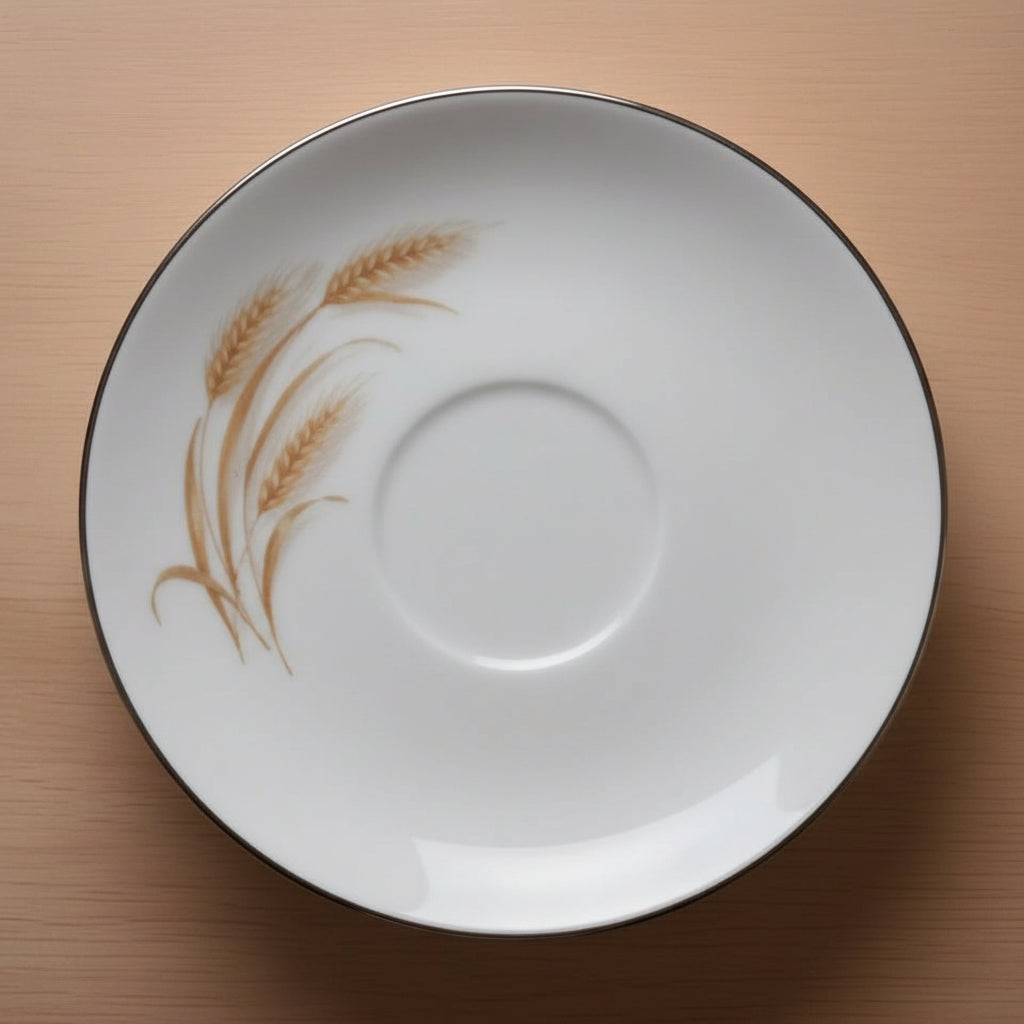 White ceramic plate with decorative brown design on a wooden surface
