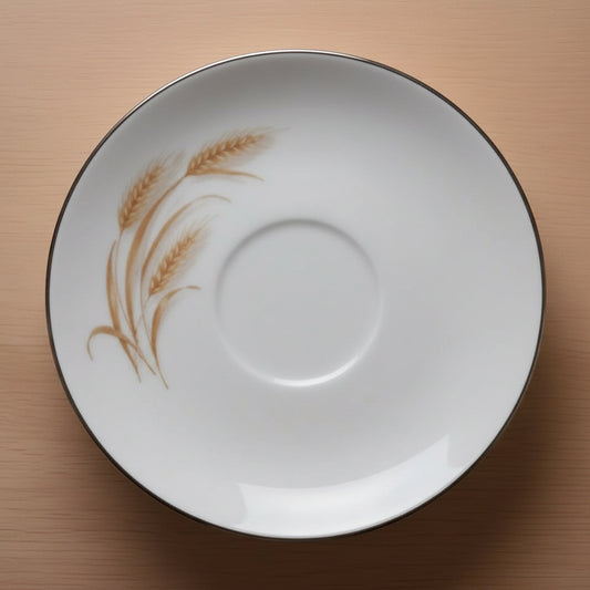 White ceramic plate with decorative brown design on a wooden surface